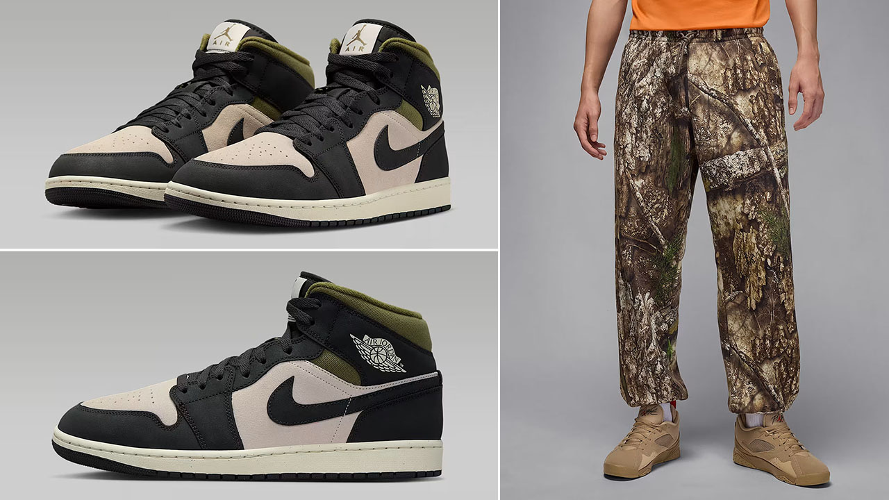 Air Jordan 1 Mid SE Light Orewood Brown Medium Olive Anthracite Mens Shoes x Jordan Brooklyn Mens Fleece Realtree Camo Pants Outfit