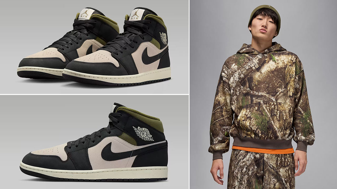Air Jordan 1 Mid SE Light Orewood Brown Medium Olive Anthracite Mens Shoes x Jordan Brooklyn Mens Fleece Realtree Camo Pullover Hoodie Outfit