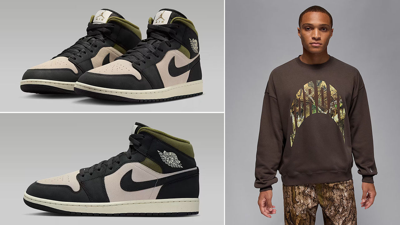 Air Jordan 1 Mid SE Light Orewood Brown Medium Olive Anthracite Mens Shoes x Jordan Brooklyn Mens Realtree Camo Crew Neck Sweatshirt Outfit