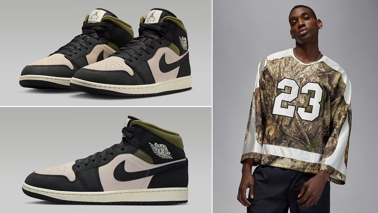 Air Jordan 1 Mid SE Light Orewood Brown Medium Olive Anthracite Mens Shoes x Jordan Brooklyn Mens Realtree Camo Hockey Jersey Outfit