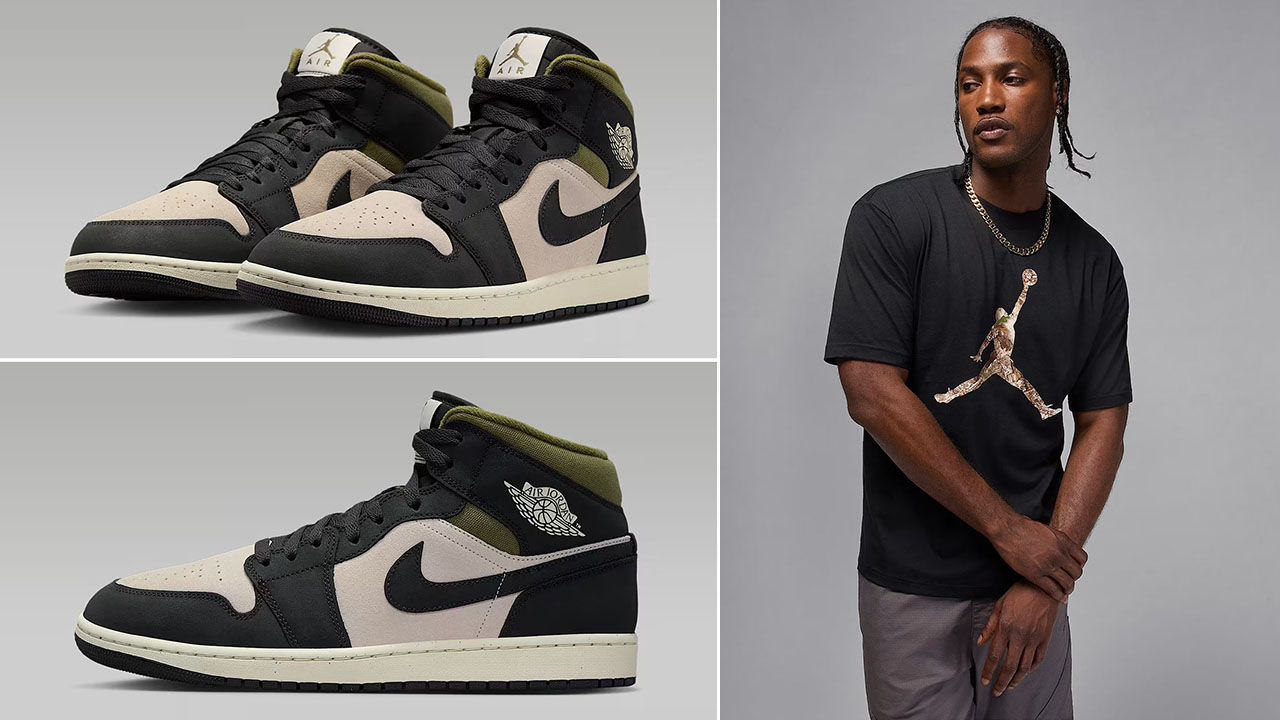 Air Jordan 1 Mid SE Light Orewood Brown Medium Olive Anthracite Mens Shoes x Jordan Brooklyn Mens Realtree Camo Jumpman Black T Shirt Outfit