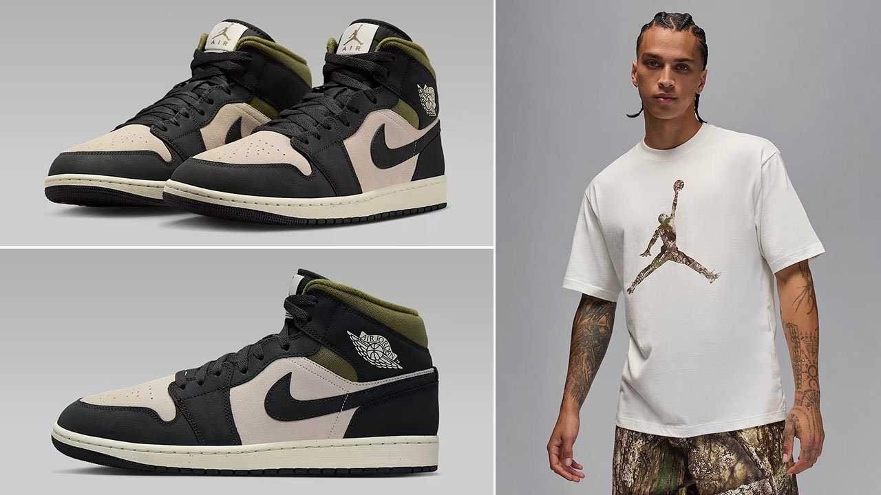 Air Jordan 1 Mid SE Light Orewood Brown Medium Olive Anthracite Mens Shoes x Jordan Brooklyn Mens Realtree Camo Jumpman Sail T Shirt Outfit