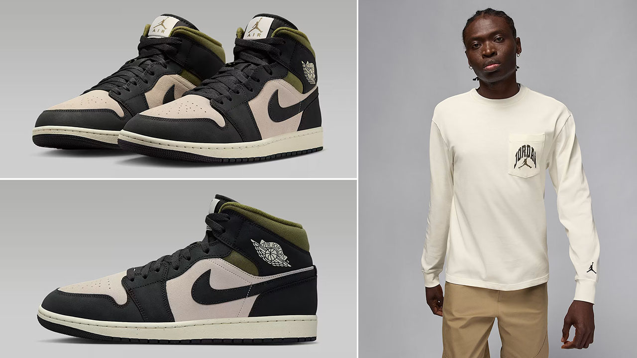 Air Jordan 1 Mid SE Light Orewood Brown Medium Olive Anthracite Mens Shoes x Jordan Brooklyn Mens Realtree Camo Long Sleeve Pocket T Shirt Outfit