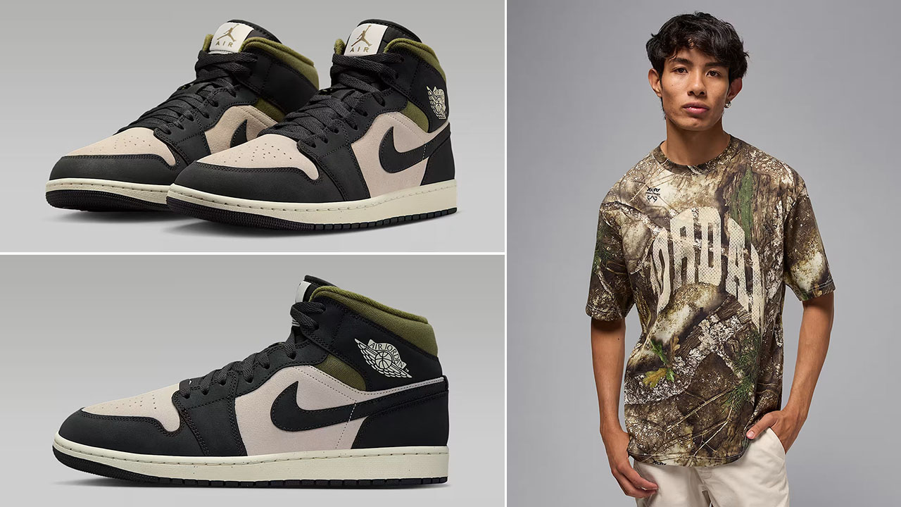 Air Jordan 1 Mid SE Light Orewood Brown Medium Olive Anthracite Mens Shoes x Jordan Brooklyn Mens Realtree Camo T Shirt Outfit