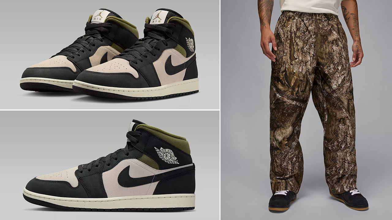 Air Jordan 1 Mid SE Light Orewood Brown Medium Olive Anthracite Mens Shoes x Jordan Brooklyn Mens Woven Realtree Camo Pants Outfit