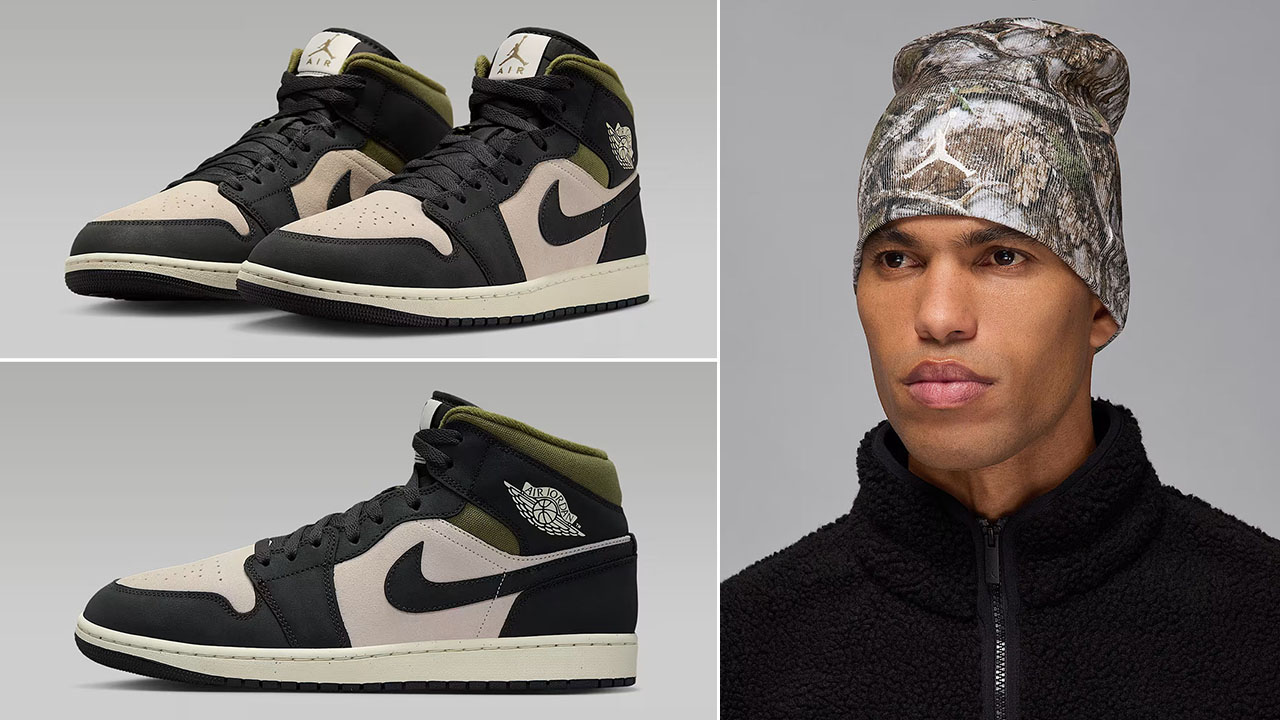 Air Jordan 1 Mid SE Light Orewood Brown Medium Olive Anthracite Mens Shoes x Jordan Brooklyn Peak Realtree Camo Beanie