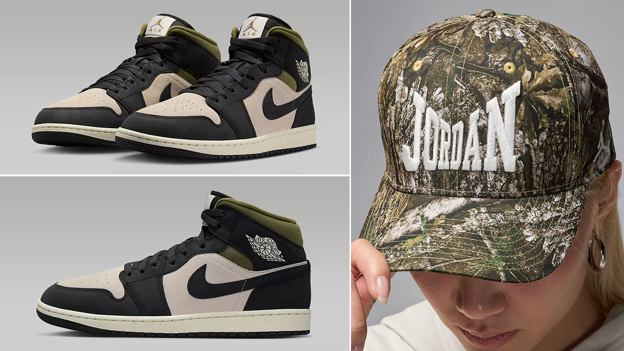 Air Jordan 1 Mid SE Light Orewood Brown Medium Olive Anthracite Mens Shoes x Jordan Brooklyn Rise Realtree Camo Snapback Hat