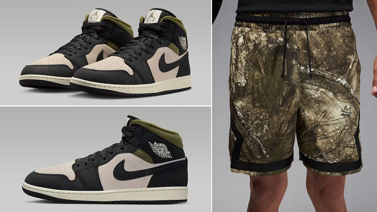 Air Jordan 1 Mid SE Light Orewood Brown Medium Olive Anthracite Mens Shoes x Jordan Sport Diamond Mens Realtree Camo Shorts Outfit