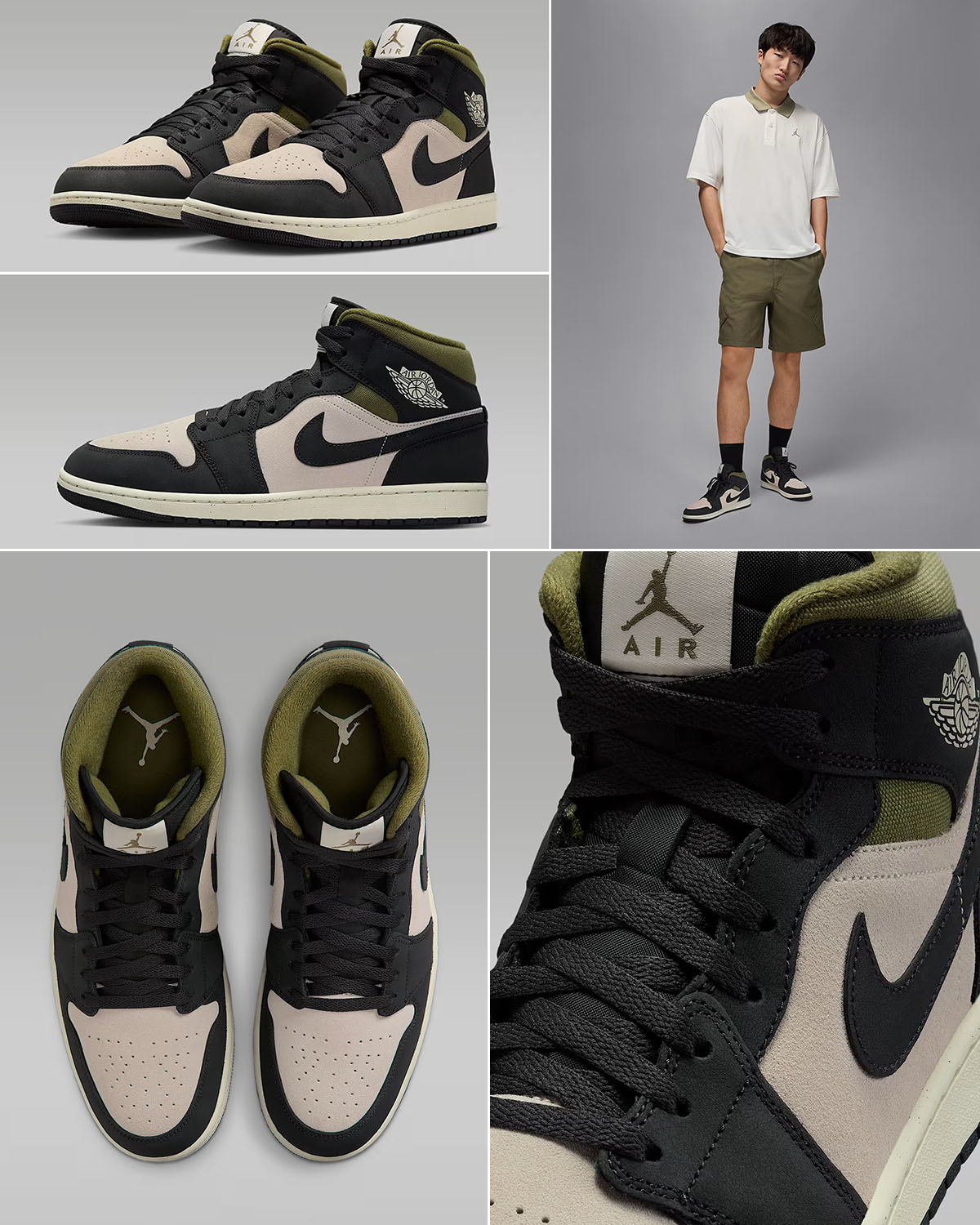 Air Jordan 1 Mid SE Light Orewood Brown Medium Olive Sail Off Noir Mens Sneakers Clothing Outfits