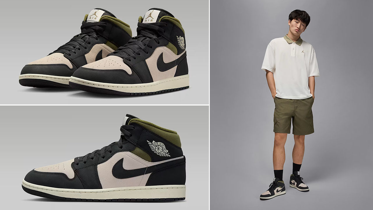 Air Jordan 1 Mid SE Light Orewood Brown Medium Olive Sail Off Noir Mens Sneakers and Outfits