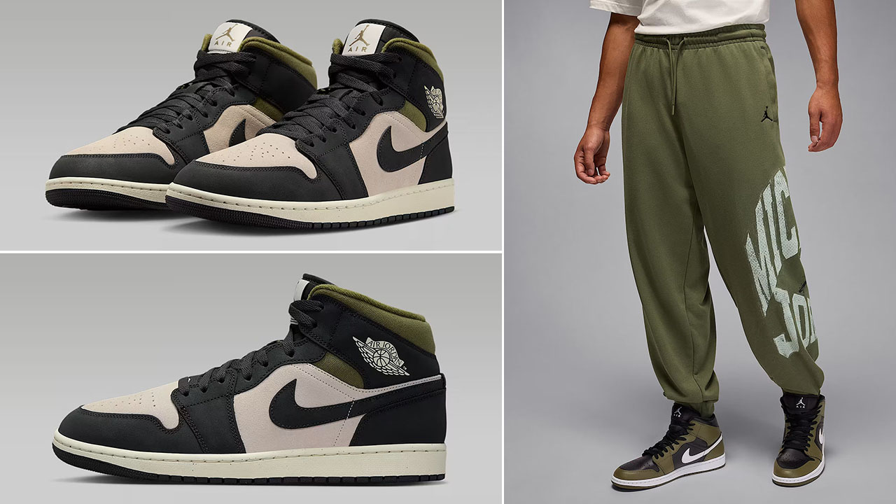 Air Jordan 1 Mid SE Medium Olive Light Orewood Brown Mens Shoes x Jordan Brooklyn Mens Collegiate Pants Outfit