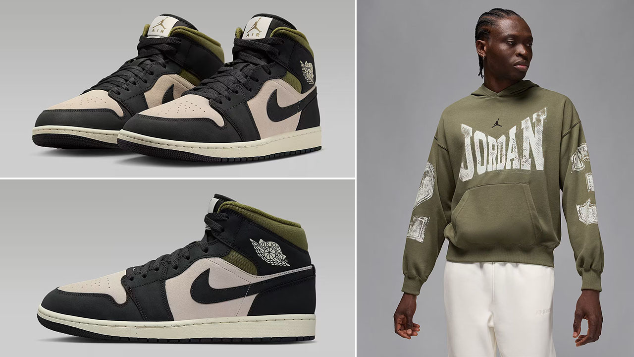 Air Jordan 1 Mid SE Medium Olive Light Orewood Brown Mens Shoes x Jordan Brooklyn Mens Collegiate Pullover Hoodie Outfit
