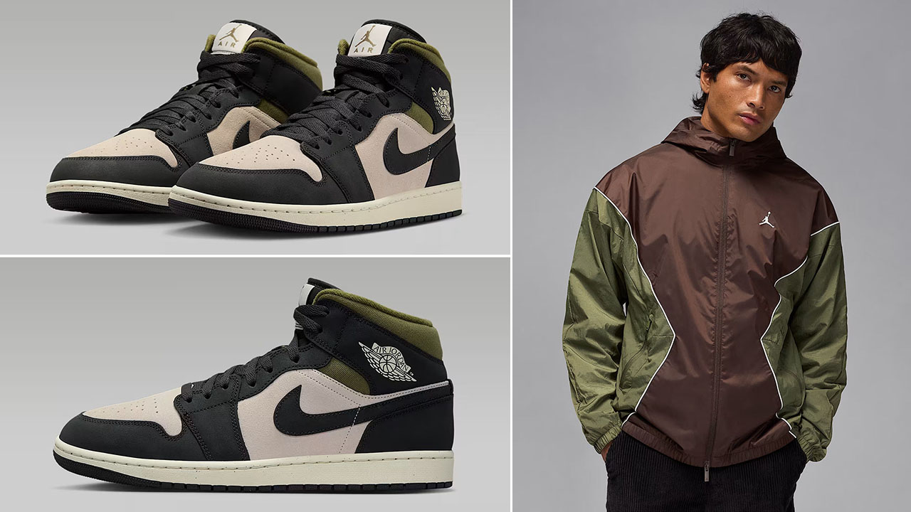 Air Jordan 1 Mid SE Medium Olive Light Orewood Brown Mens Shoes x Jordan Brooklyn Mens Hooded Draft Jacket Outfit