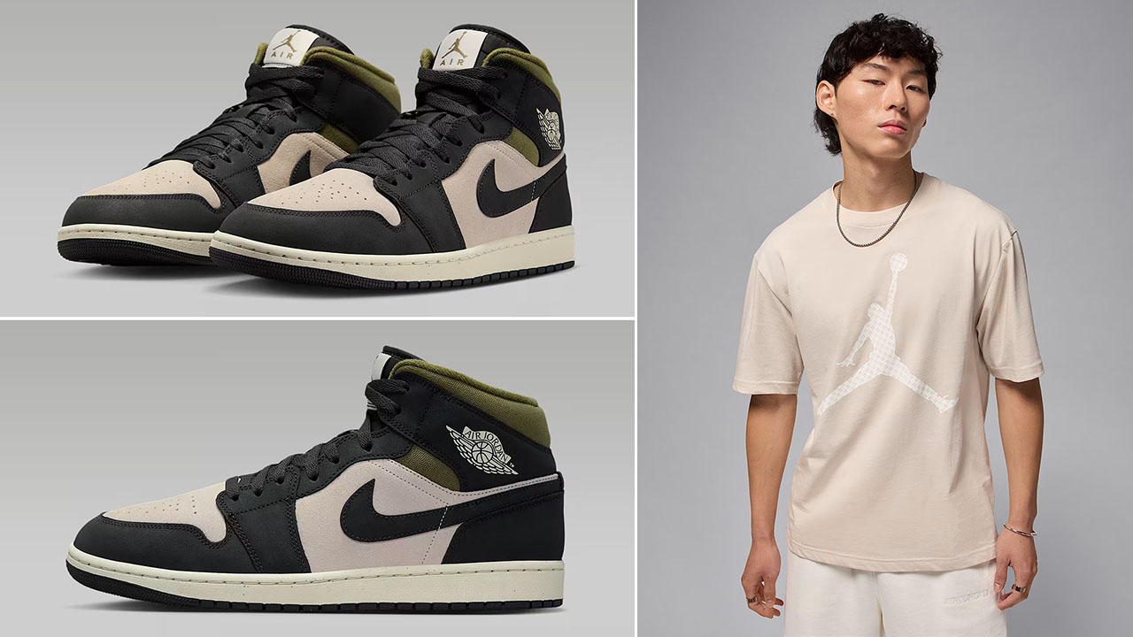Air Jordan 1 Mid SE Medium Olive Light Orewood Brown Mens Shoes x Jordan Brooklyn Mens Jumpman T Shirt Outfit