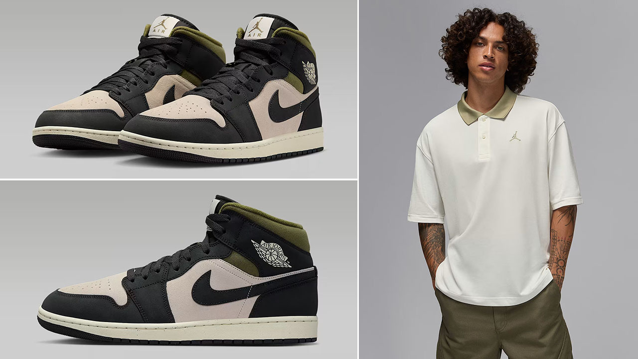 Air Jordan 1 Mid SE Medium Olive Light Orewood Brown Mens Shoes x Jordan Brooklyn Mens Polo Shirt Outfit