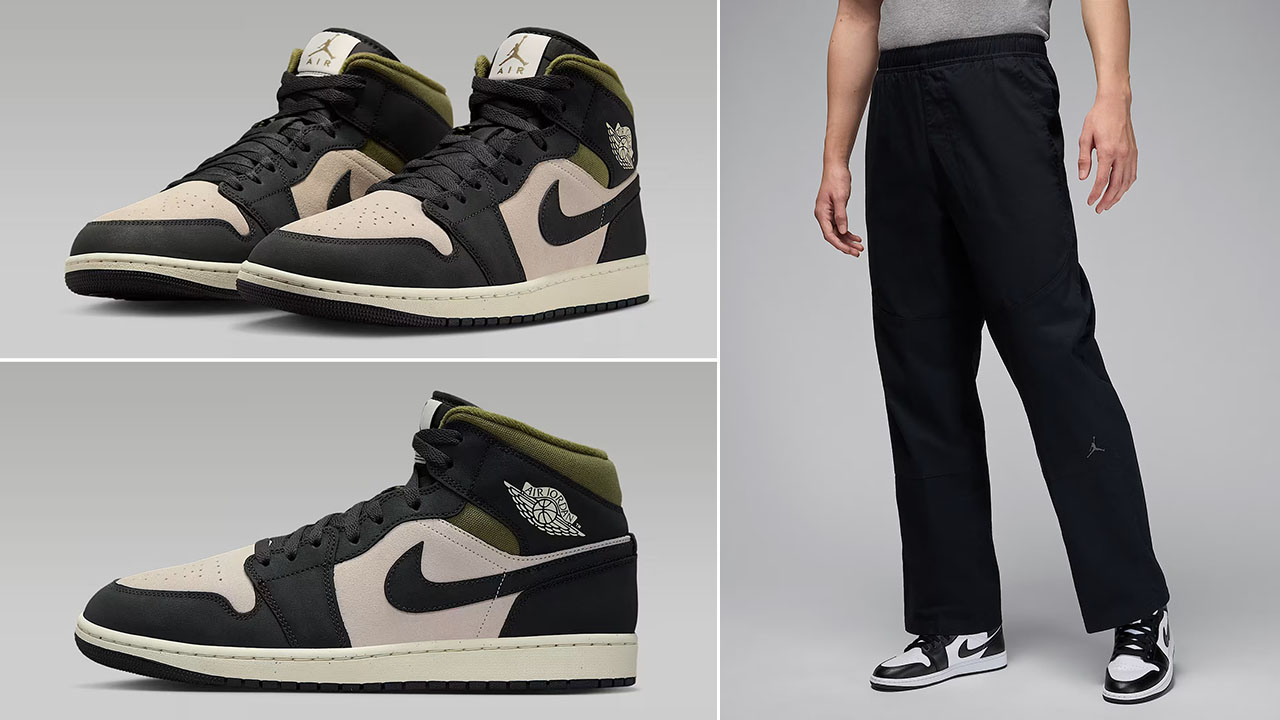 Air Jordan 1 Mid SE Medium Olive Light Orewood Brown Mens Shoes x Jordan Brooklyn Mens Woven Pants Outfit