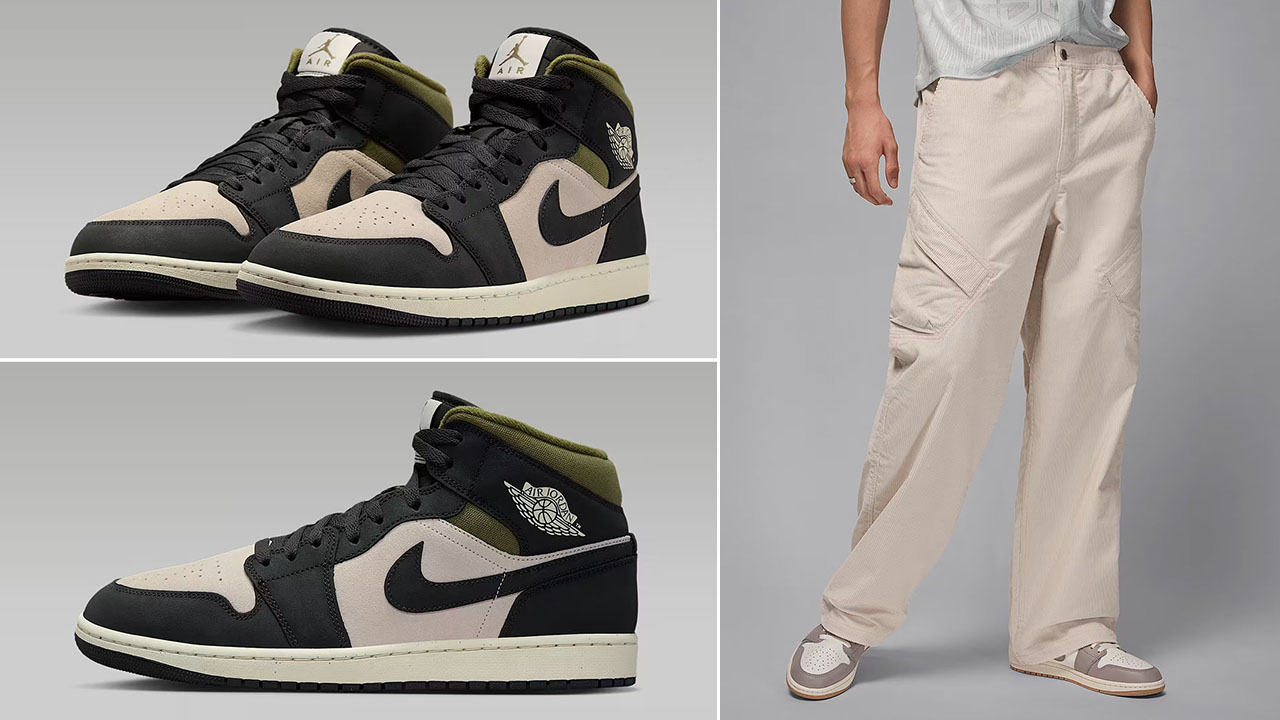 Air Jordan 1 Mid SE Medium Olive Light Orewood Brown Mens Shoes x Jordan Flight Chicago Mens Corduroy Pants Outfit