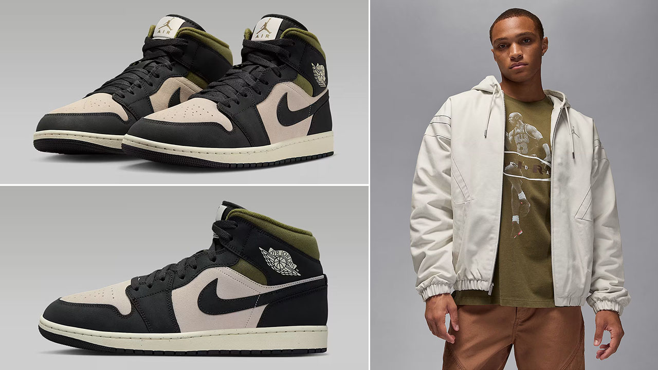 Air Jordan 1 Mid SE Medium Olive Light Orewood Brown Mens Shoes x Jordan Flight Mens Draft Jacket Outfit
