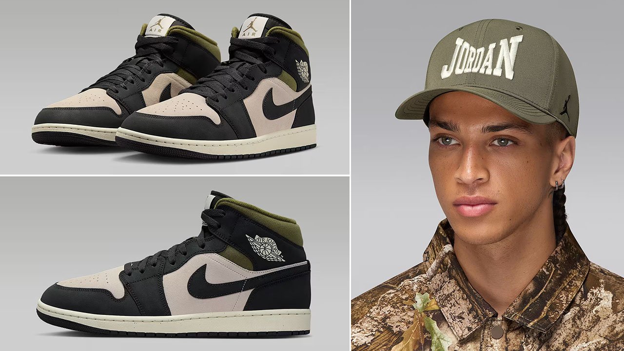Air Jordan 1 Mid SE Medium Olive Light Orewood Brown Mens Shoes x Jordan Rise Snapback Hat