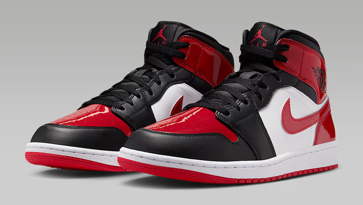 Air Jordan 1 Mid SE Patent Black White Varsity Red Mens Shoes 1