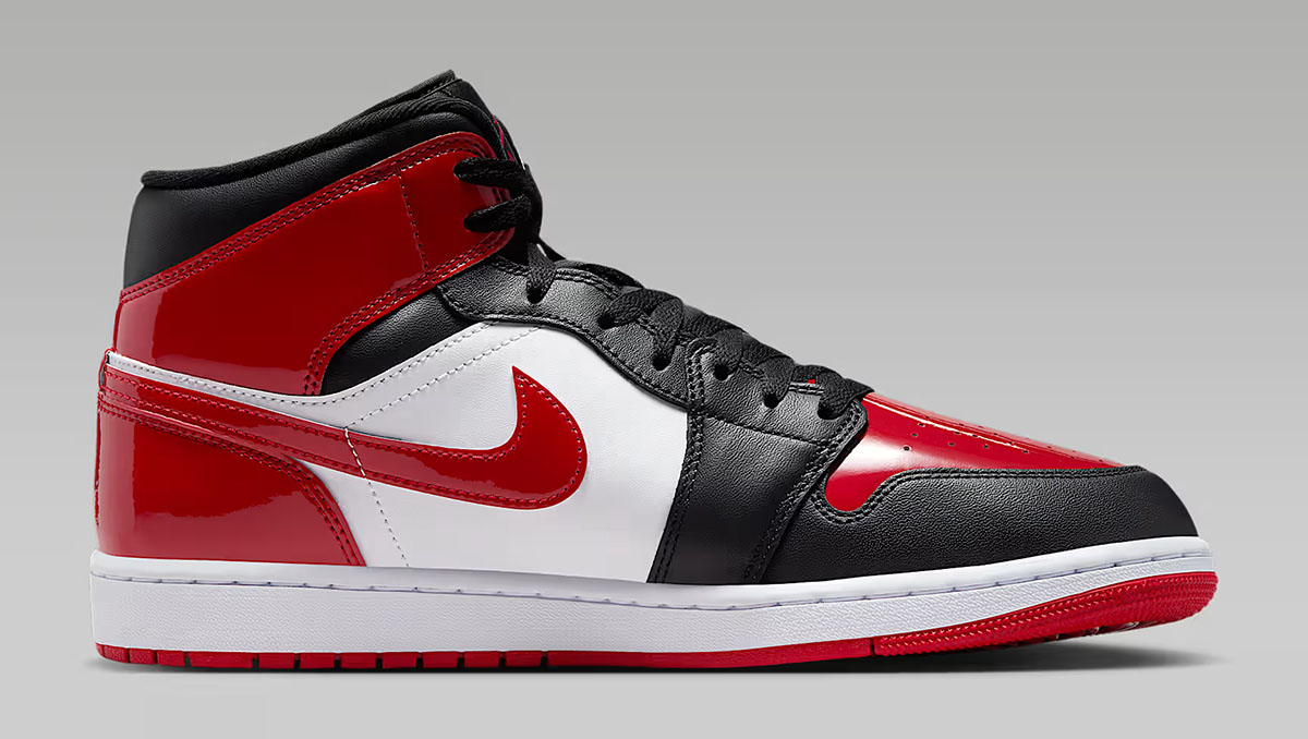 Air Jordan 1 Mid SE Patent Black White Varsity Red Mens Shoes 3