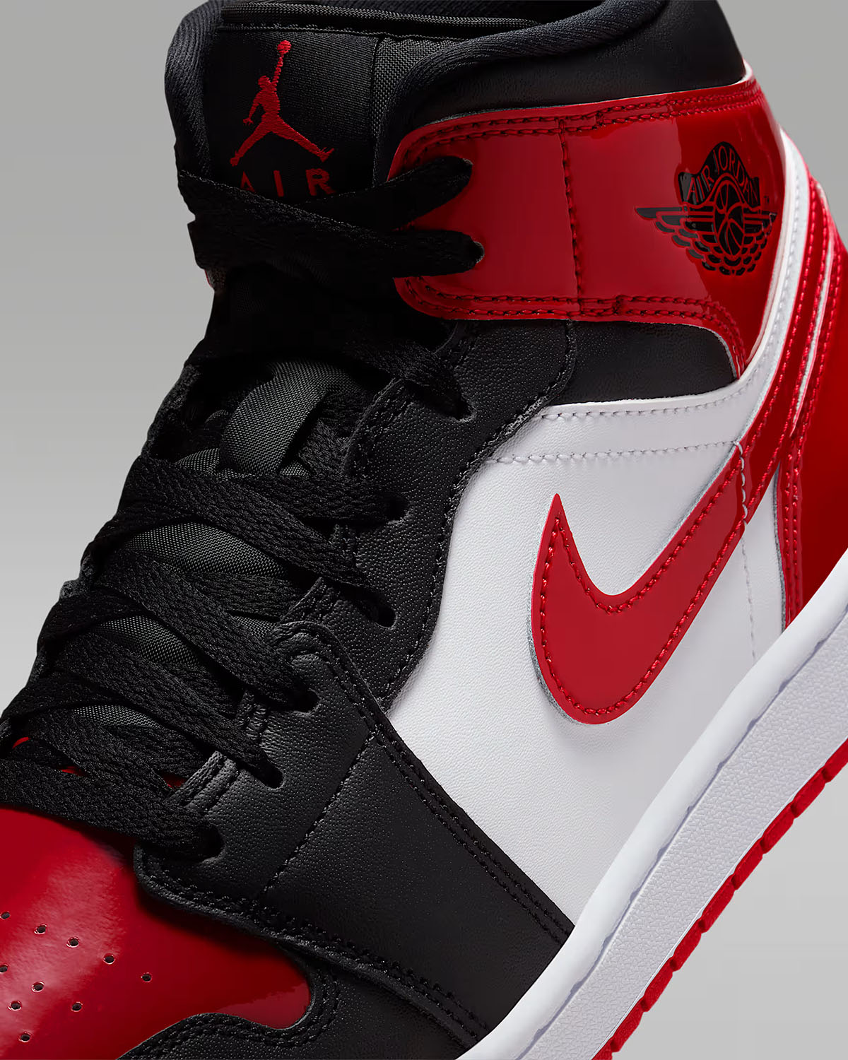 Air Jordan 1 Mid SE Patent Black White Varsity Red Mens Shoes 7