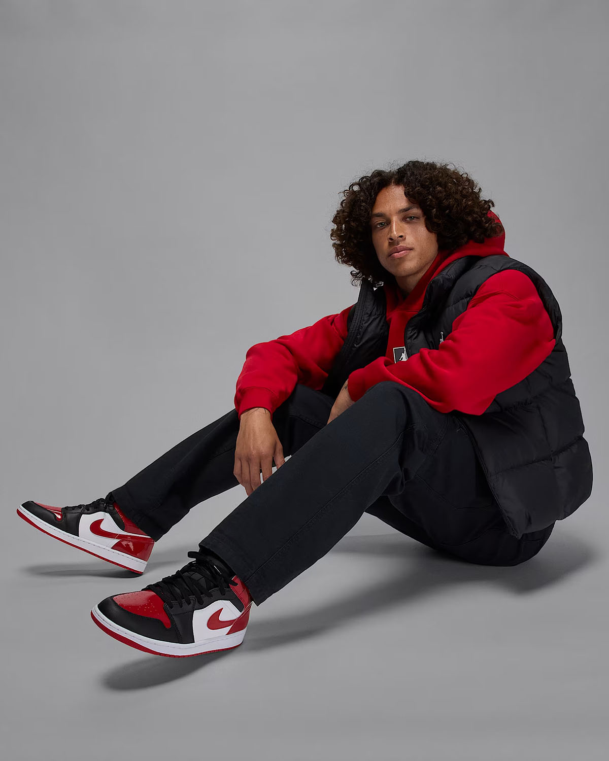 Air Jordan 1 Mid SE Patent Black White Varsity Red Mens Shoes and Outfit