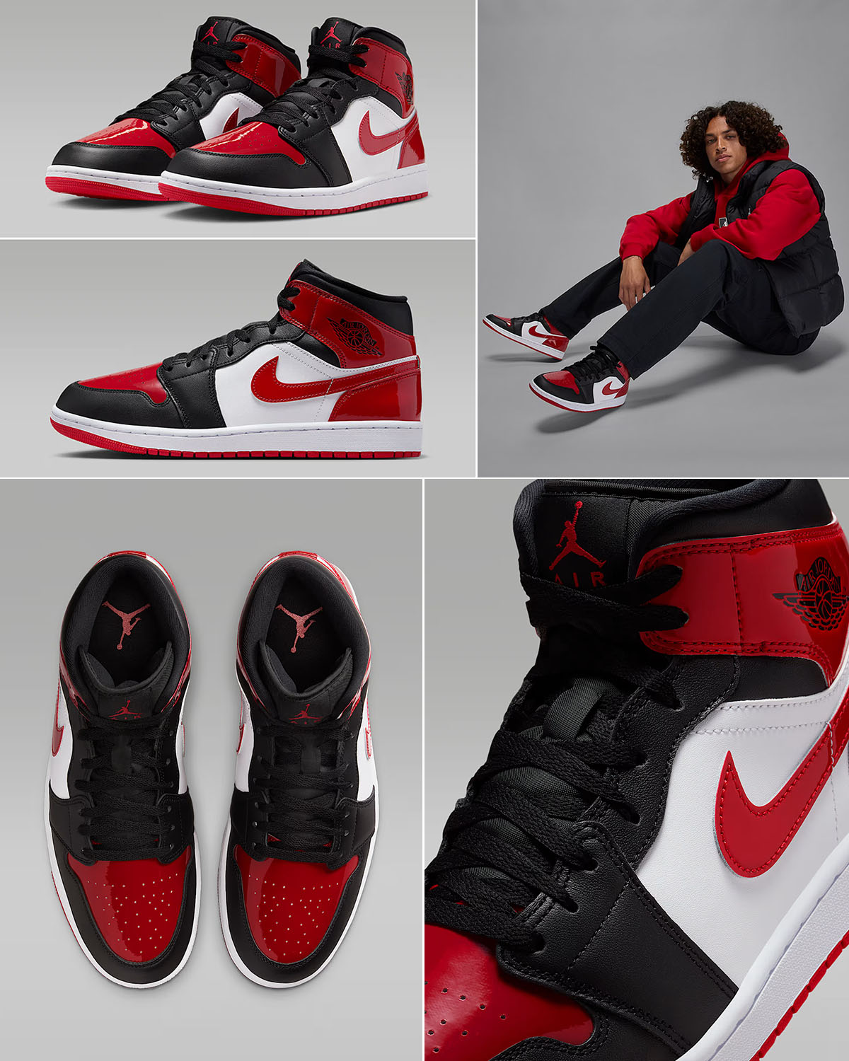 Air Jordan 1 Mid SE Patent Black White Varsity Red Mens Sneakers Clothing Outfits
