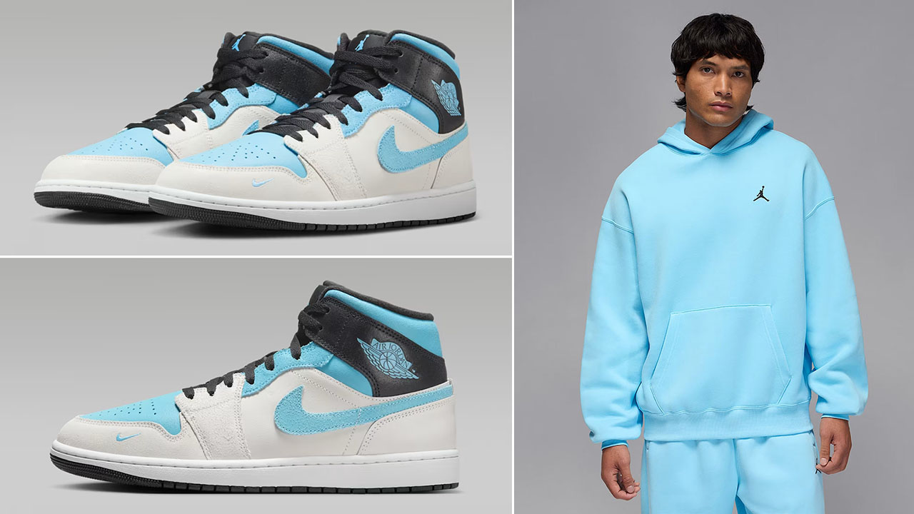 Air Jordan 1 Mid Summit White Blue Chill Sneakers a Jordan Brooklyn Fleece Mens Hoodie Outfit