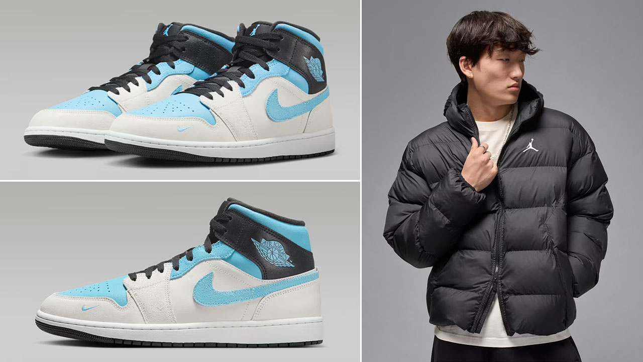 Air Jordan 1 Mid Summit White Blue Chill Sneakers a Jordan Brooklyn Mens Puffer Jacket Outfit