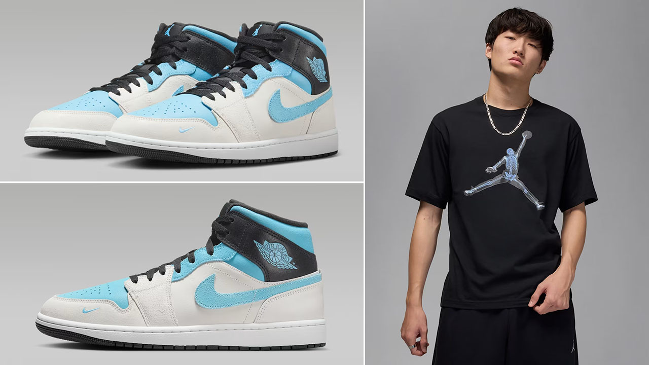 Air Jordan 1 Mid Summit White Blue Chill Sneakers a Jordan Jumpman X Ray Black T Shirt Outfit