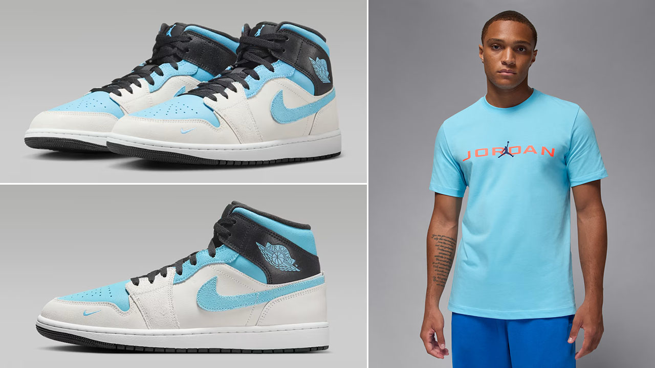Air Jordan 1 Mid Summit White Blue Chill x Jordan Air Stretch Mens T Shirt Outfit