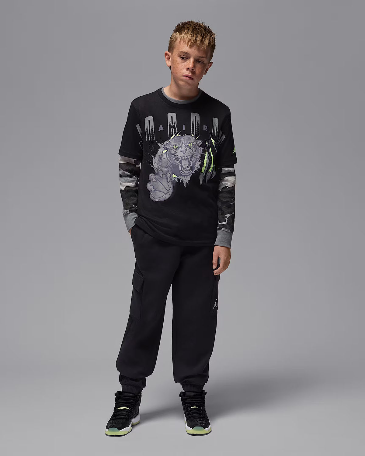 Air Jordan 11 GS Kids Inner Beast Sneaker School Boys Panther T Shirt Black Outfit