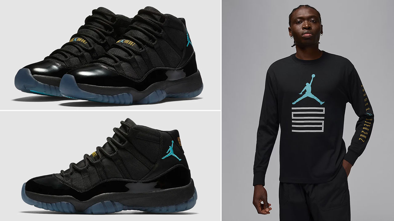 Air Jordan 11 Gamma 2025 Shoes x Jordan Brooklyn AJ11 Graphic Long Sleeve T Shirt Black Gamma Blue Outfit