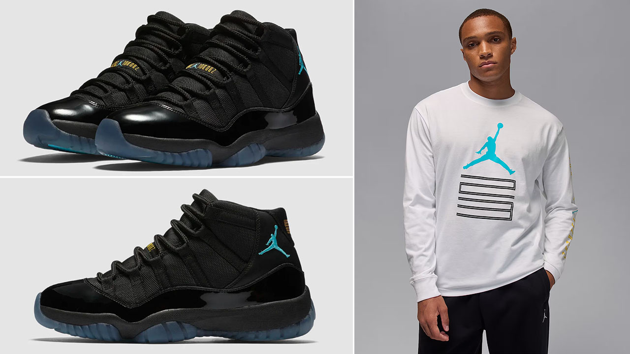 Air Jordan 11 Gamma 2025 Shoes x Jordan Brooklyn AJ11 Graphic Long Sleeve T Shirt White Gamma Blue Outfit
