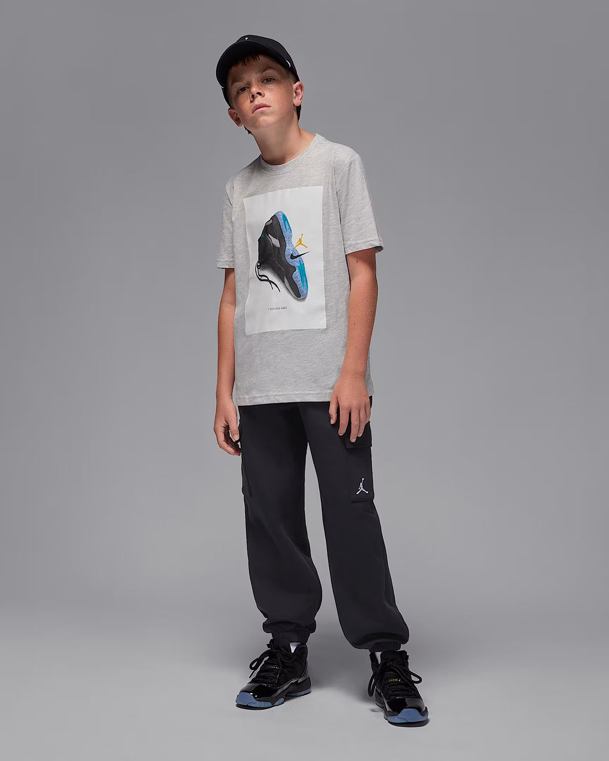 Air Jordan 11 Gamma Blue 2025 Big Kids Grey T Shirt Boys Grade School Outfit
