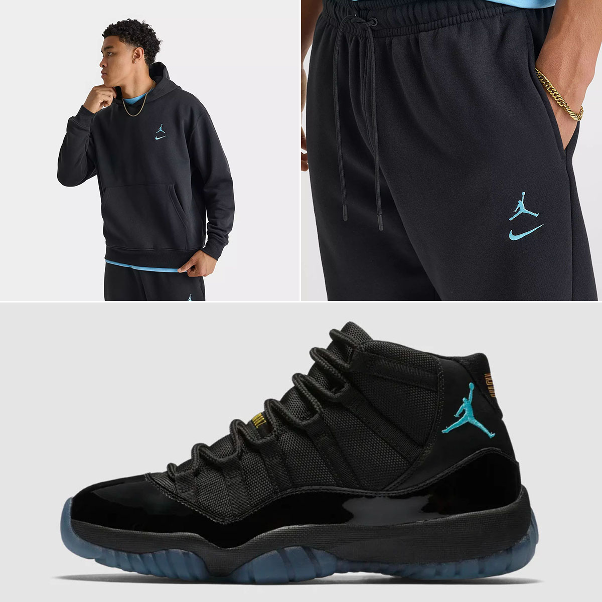 Air Jordan 11 Gamma Blue 2025 Shoes x Jordan Swoosh Brooklyn Fleece Mens Hoodie and Jogger Pants Outfit Black Blue Chill