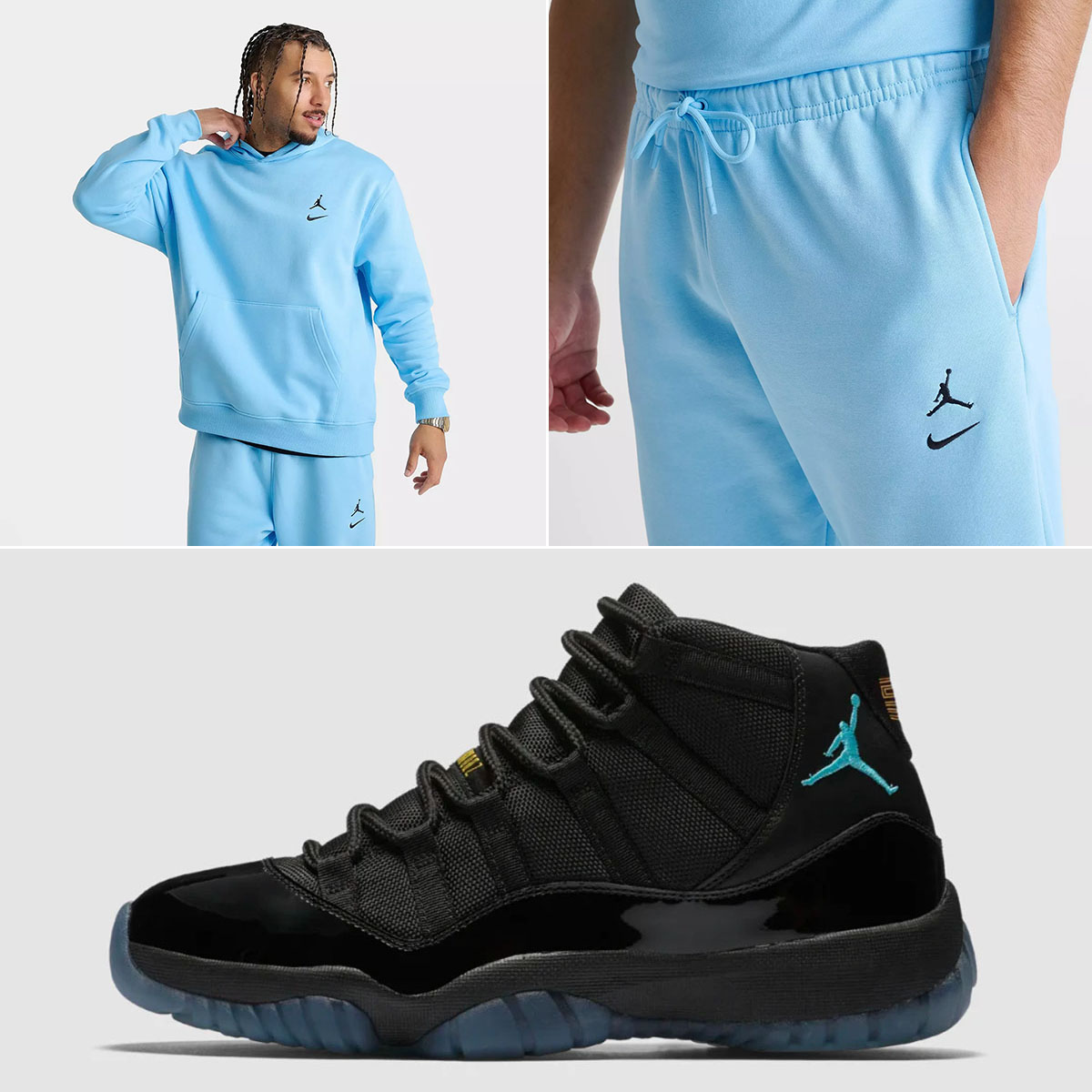 Air Jordan 11 Gamma Blue 2025 Shoes x Jordan Swoosh Brooklyn Fleece Mens Hoodie and Jogger Pants Outfit Blue Chill Black