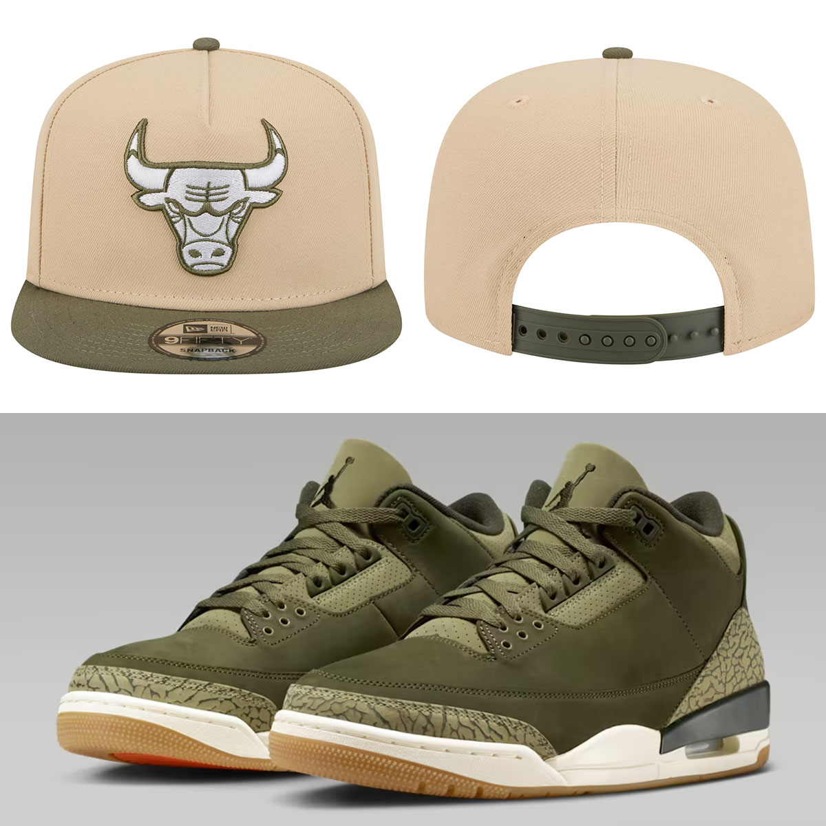 Air Jordan 3 Family Affair Medium Olive Shoes x Chicago Bulls New Era Color Pack Two Tone 9FIFTY A Frame Snapback Hat Tan Olive