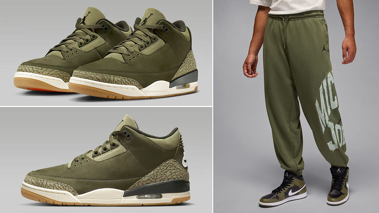 Air Jordan 3 Family Affair Medium Olive Shoes x Jordan Brooklyn Mens Collegiate Pants Outfit