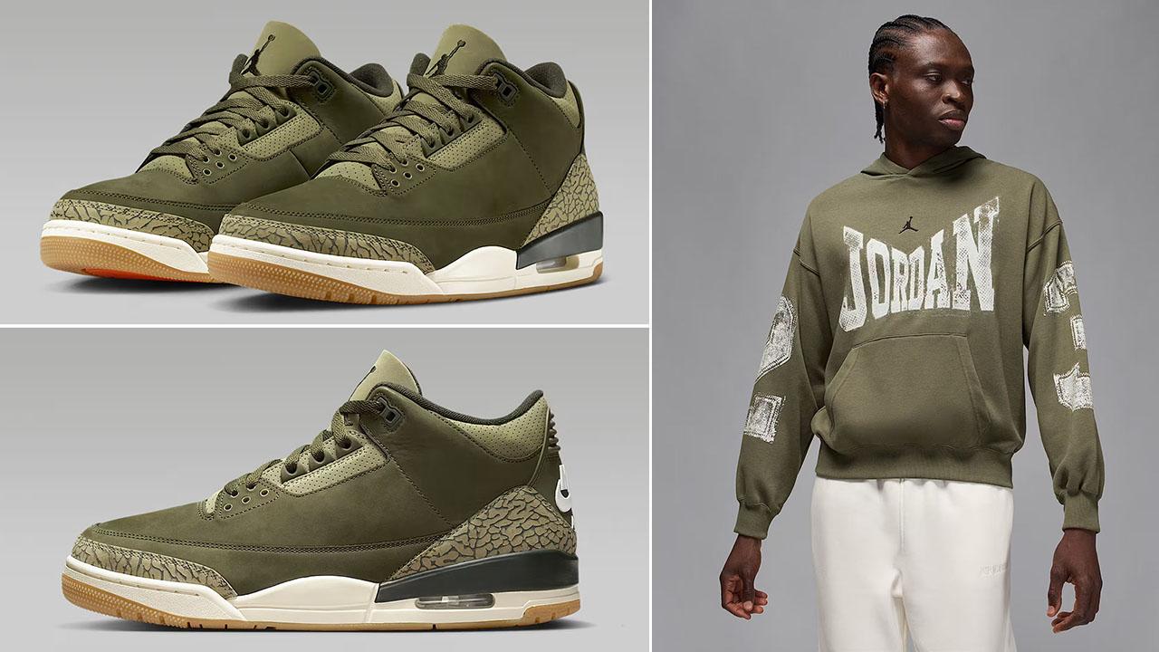 Air Jordan 3 Family Affair Medium Olive Shoes x Jordan Brooklyn Mens Collegiate Pullover Hoodie Outfit