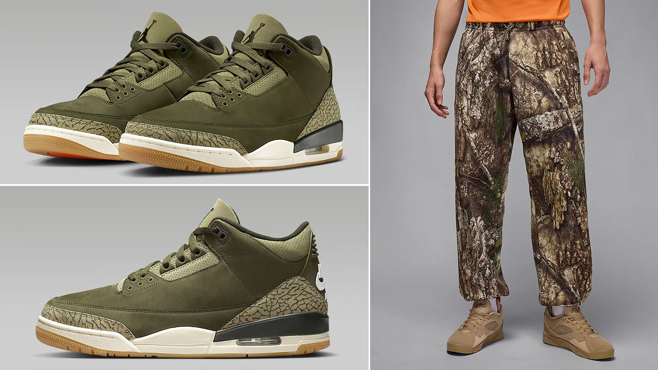Air Jordan 3 Family Affair Medium Olive Shoes x Jordan Brooklyn Mens Fleece Realtree Camo Pants Outfit