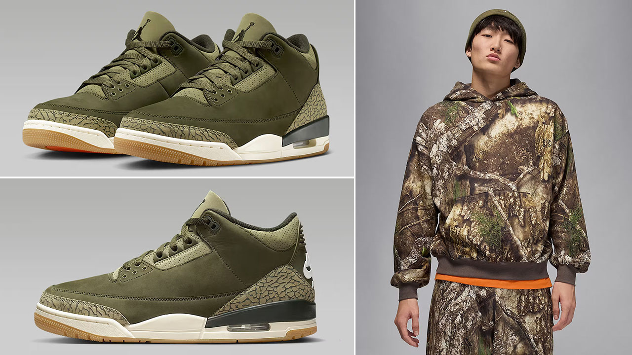 Air Jordan 3 Family Affair Medium Olive Shoes x Jordan Brooklyn Mens Fleece Realtree Camo Pullover Hoodie Outfit