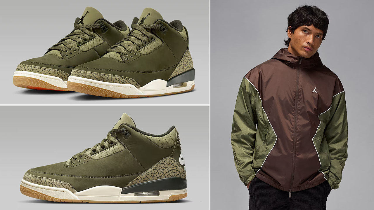 Air Jordan 3 Family Affair Medium Olive Shoes x Jordan Brooklyn Mens Hooded Draft Jacket Outfit