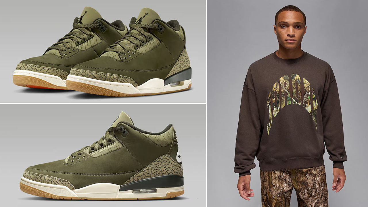 Air Jordan 3 Family Affair Medium Olive Shoes x Jordan Brooklyn Mens Realtree Camo Crew Neck Sweatshirt Outfit