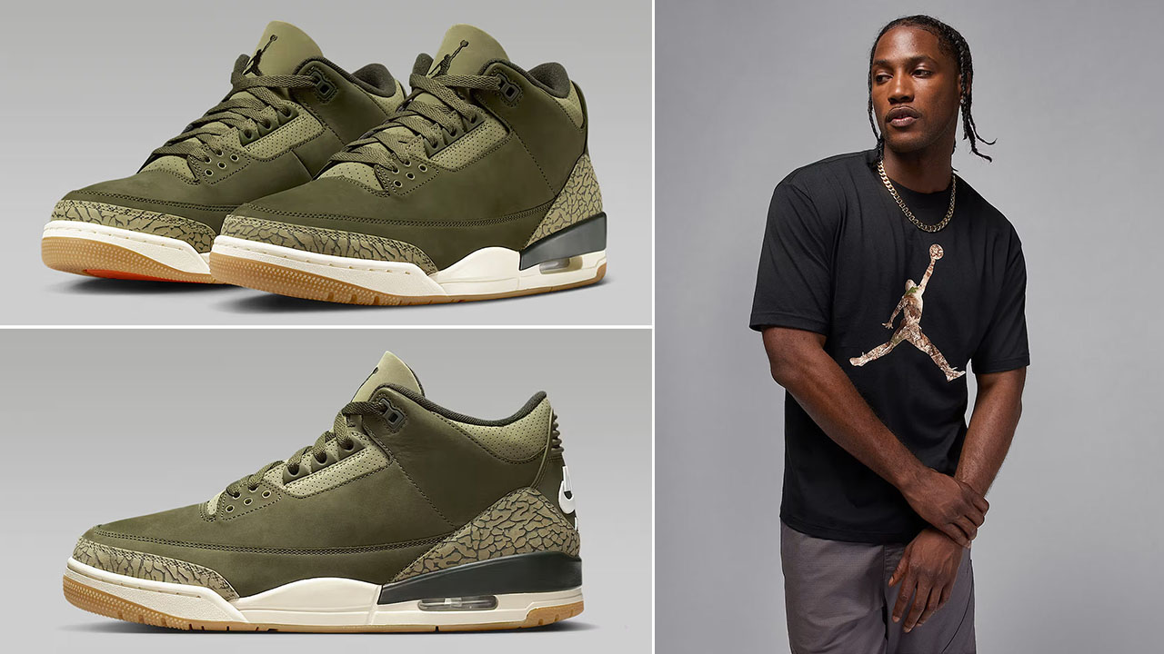 Air Jordan 3 Family Affair Medium Olive Shoes x Jordan Brooklyn Mens Realtree Camo Jumpman Black T Shirt Outfit