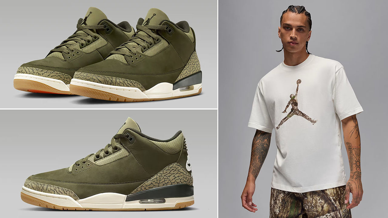 Air Jordan 3 Family Affair Medium Olive Shoes x Jordan Brooklyn Mens Realtree Camo Jumpman Sail T Shirt Outfit