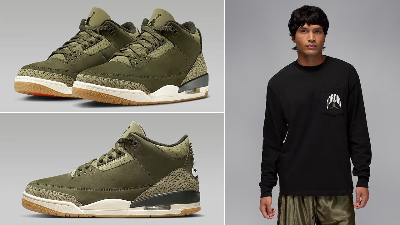 Air Jordan 3 Family Affair Medium Olive Shoes x Jordan Brooklyn Mens Realtree Camo Long Sleeve Pocket T Shirt Black Medium Olive Outfit