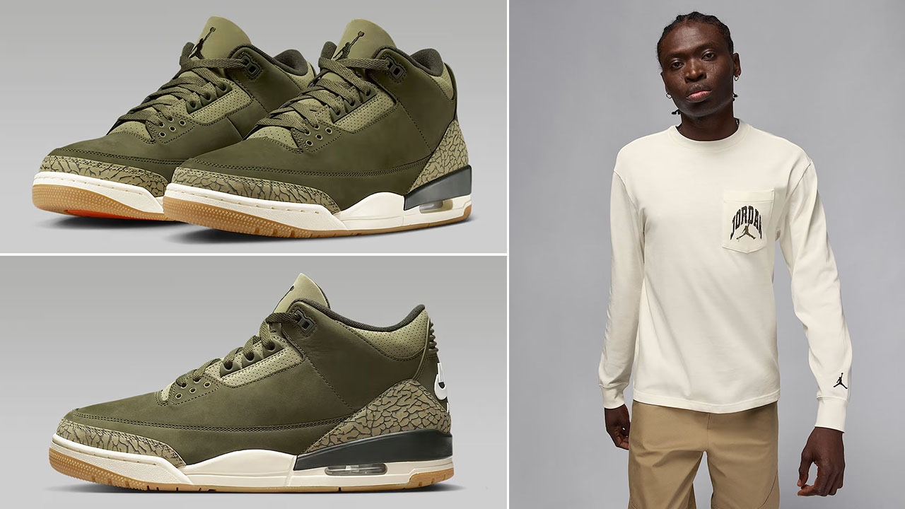 Air Jordan 3 Family Affair Medium Olive Shoes x Jordan Brooklyn Mens Realtree Camo Long Sleeve Pocket T Shirt Outfit
