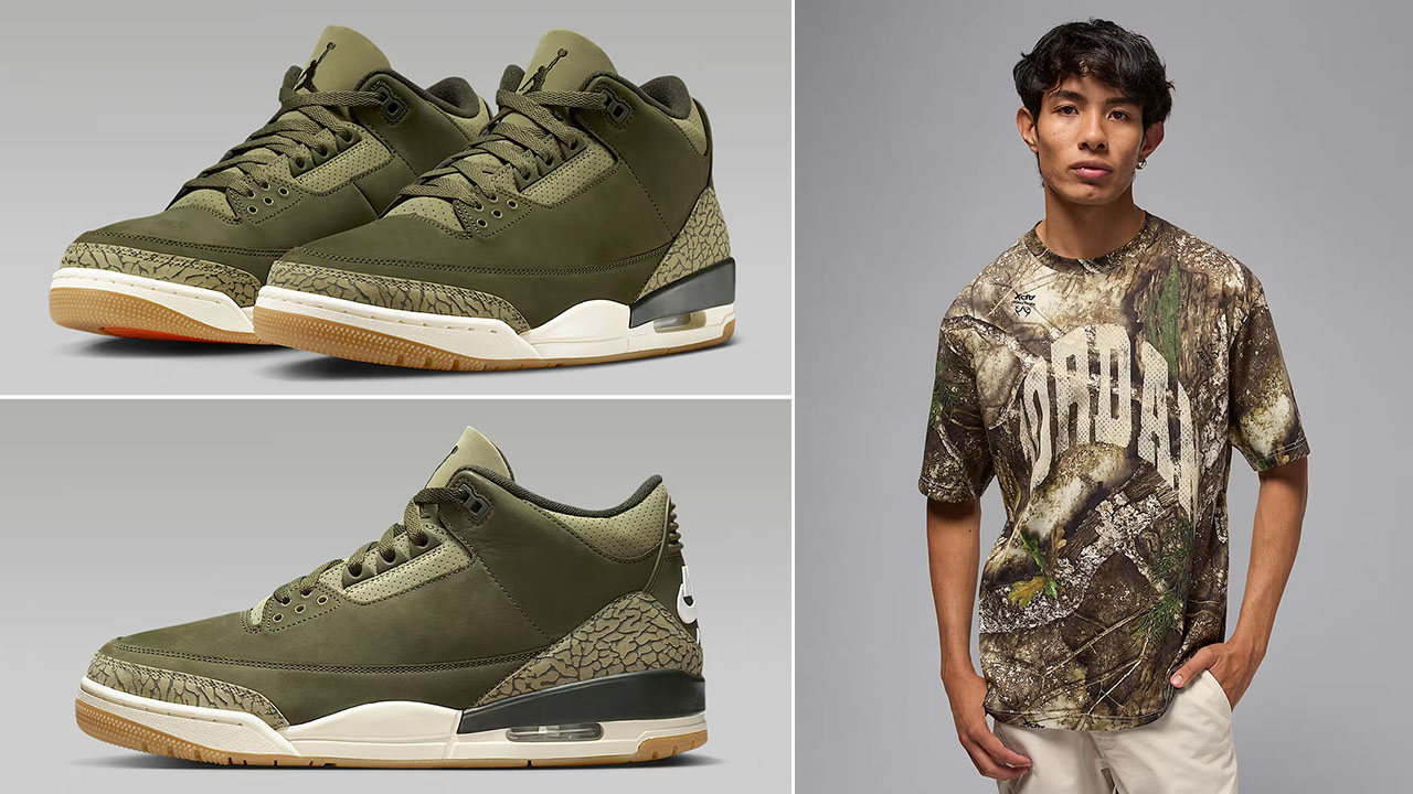 Air Jordan 3 Family Affair Medium Olive Shoes x Jordan Brooklyn Mens Realtree Camo T Shirt Outfit